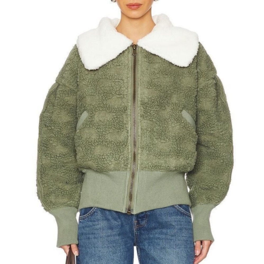 Free People Women's Green White Cozy Up Fleece Faux Fur Cardigan Sweater SM NWOT
